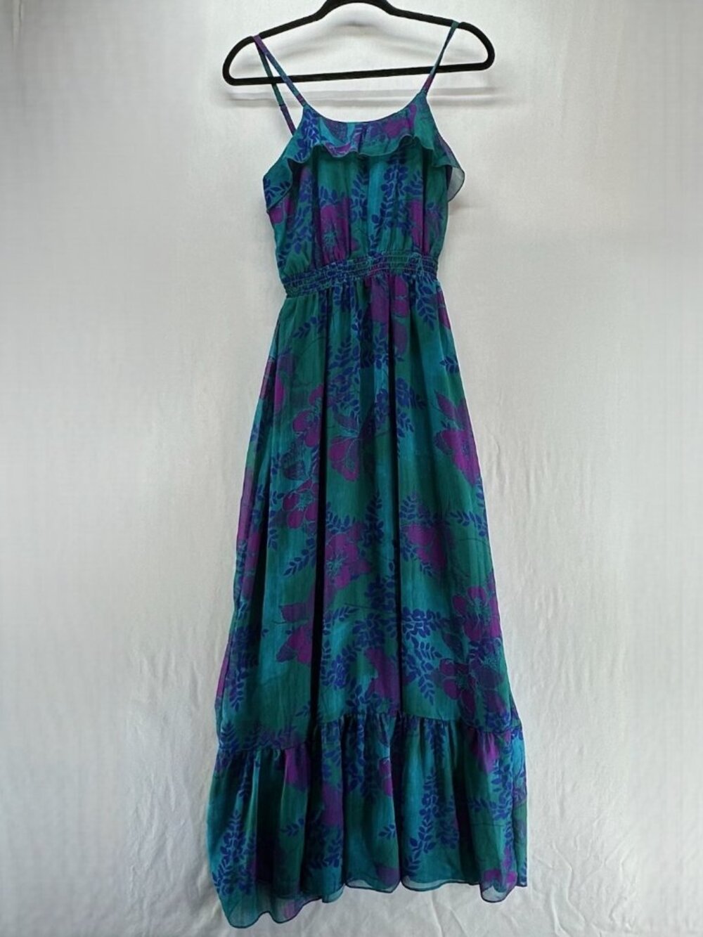 Express Floral Ruffle Maxi Dress Sz XS Smocked Waist Chiffon Strappy Teal Purple